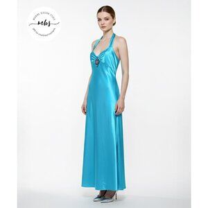 Royalty Satin Halter Sleeveless Maxi Dress Blue Women 9/10